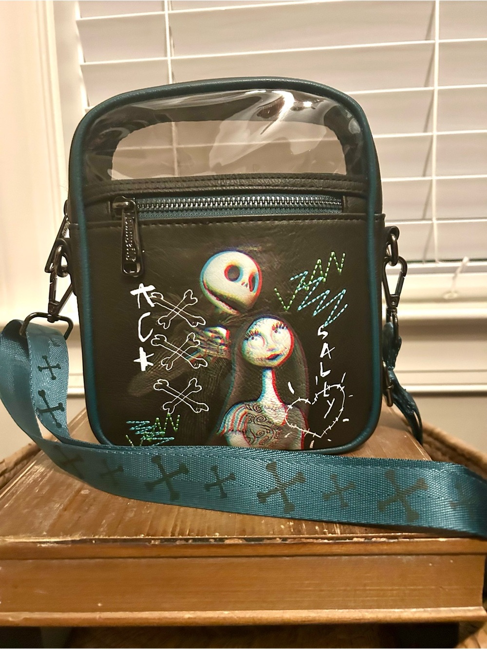 Like New Loungefly Teal and Black Jack & Sally Crossbody Bag